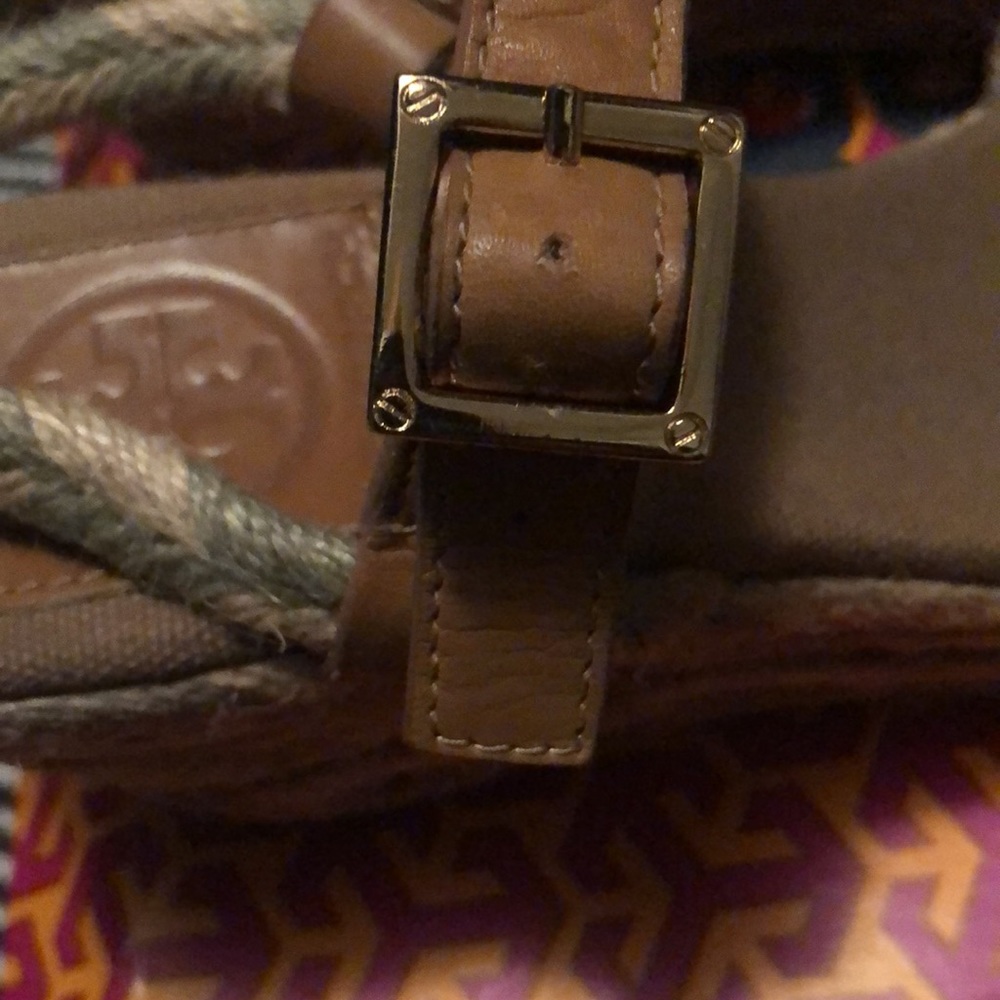 Tory Burch Khaki/Royal Tan Camelia Mid Wedge Espadrille Sz 8 - Picture 5 of 6